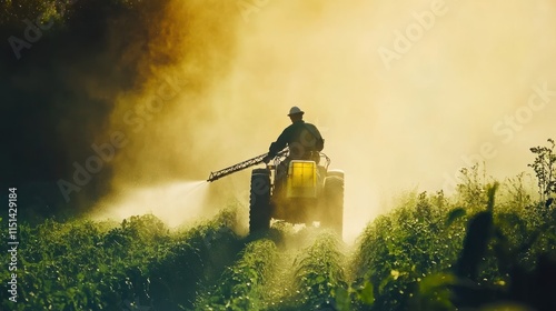 A farmer operates a tractor spraying pesticide on a field at sunset.
