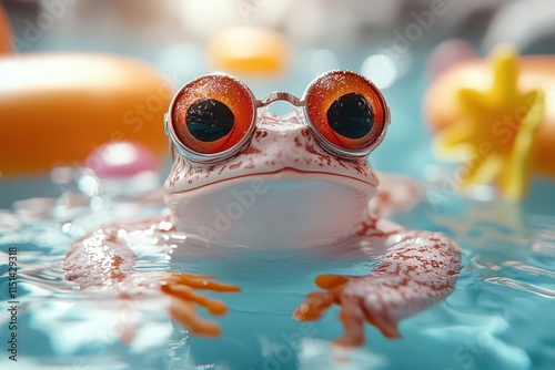 relaxing frog wearing sunglasses, lounging in a refreshing pool, surrounded by playful elements like floating toys and sunbathing accessories, embodying a carefree enjoyment of summer leisure photo