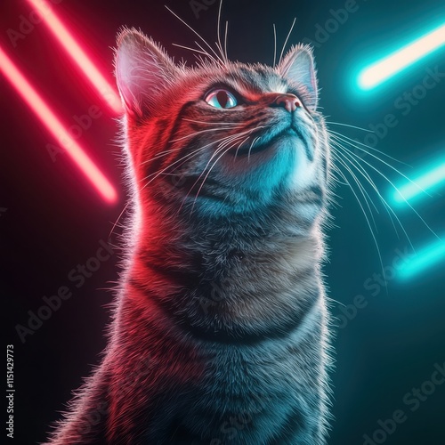 Futuristic cat portrait with neon lights dark setting digital art glowing eyes modern aesthetic
