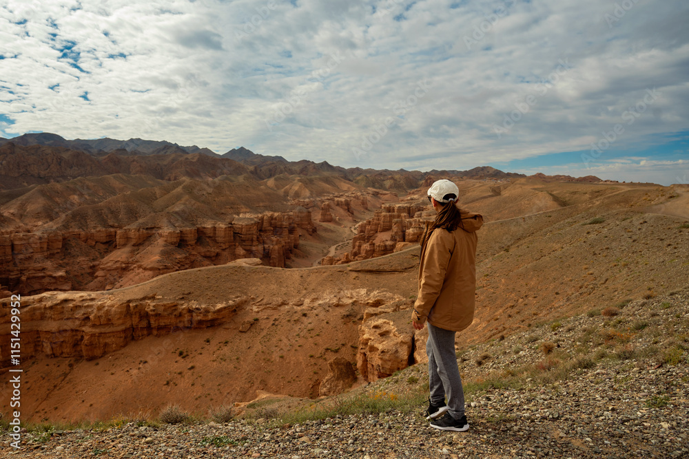 Naklejka premium female tourist on the trail looking at the beautiful orange canyon mountains and cloudy sky