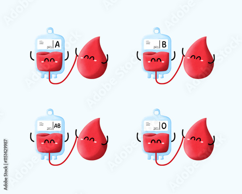 Set of hand drawn cute blood donating characters