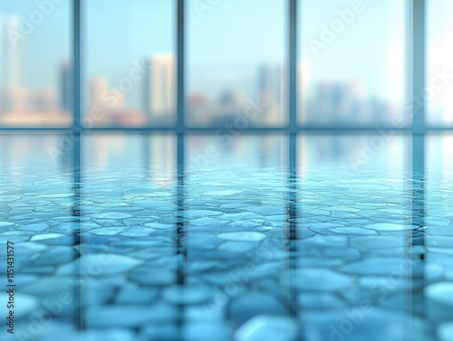 Blurred cityscape seen through large windows reflected in a textured glass floor. The cool blue tones create a serene and modern atmosphere.