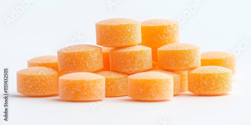 Wallpaper Mural Isolated Vitamin C tablets displayed against a white background, showcasing the Vitamin C tablets vibrant color and design. These Vitamin C tablets are perfect for health and wellness imagery. Torontodigital.ca
