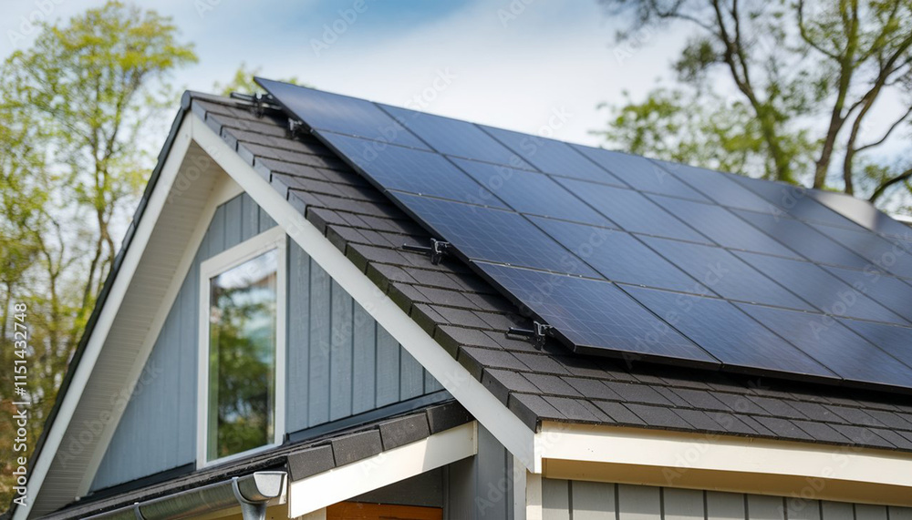 Fototapeta premium Close-up of new suburban house with a photovoltaic system on the roof. Modern eco friendly passive house with solar panels on the gable roof, with sunlight in the afternoon vibes