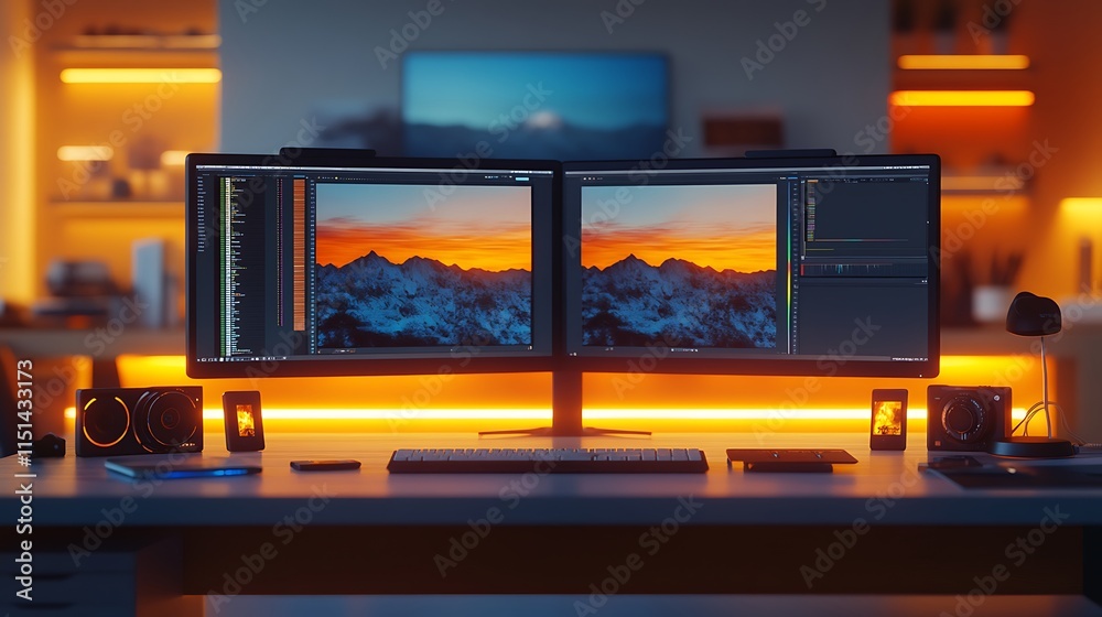 A sleek photography workstation featuring dual monitors running editing software, a desk organizer with SD cards and accessories, A sleek photography workstation featuring dual monitors running editing software, a desk organizer with SD cards and accessories,
