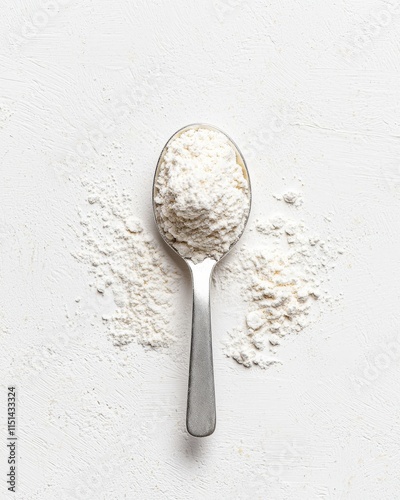 Enhancing wellness with food supplement l-glutamine powder on white spoon
