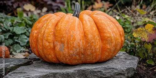 Vibrant orange pumpkin displayed in a garden setting, showcasing the beauty of the orange pumpkin as a seasonal favorite. Perfect for autumn themed projects focusing on orange pumpkin imagery. photo