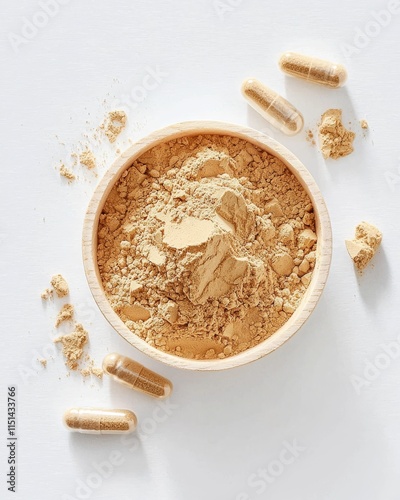 Artistic pour of maca root powder on bright flat white beverage for nutritional boost photo