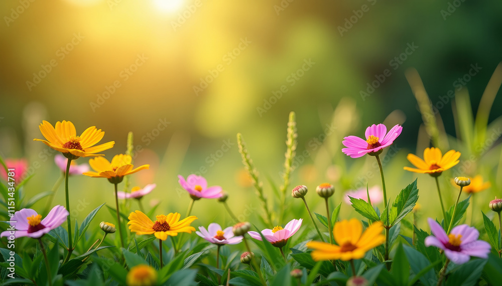 A Colorful Spring Meadow with Cosmos Flowers A Colorful Spring Meadow with Cosmos Flowers