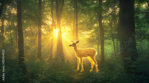 Beautiful shot of deer with golden horn, Large magnificent stag at night with antlers glowing yellow ,Magic deer in night forest, mystical stag with glowing body, soul of nature

