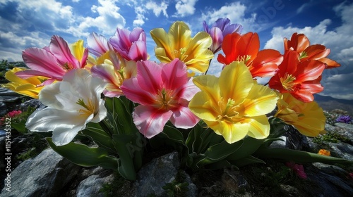 Vibrant Tulips Bloom Brightly Under a Sunny Sky