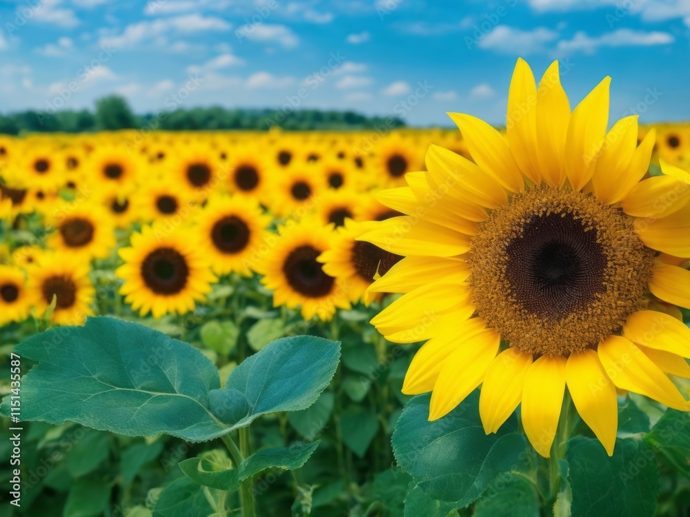 Fototapeta premium A Vibrant and Colorful Sunflower Field Flourishing under a Beautiful, Clear Blue Sky