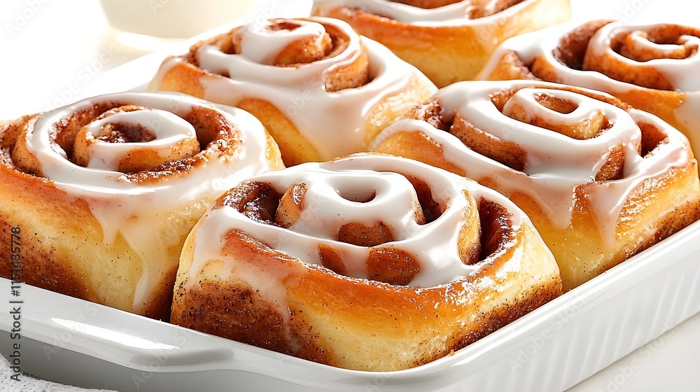 Close-up view of several freshly baked cinnamon rolls, generously coated with a sweet white icing.