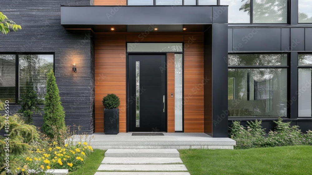 Modern Black Fiberglass Front Entry Door, Single Door With One Sidelite