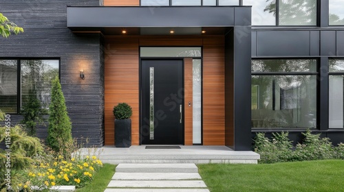 Obraz na płótnie Modern Black Fiberglass Front Entry Door, Single Door With One Sidelite w salonie
