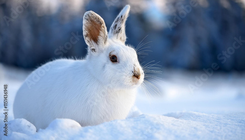 White rabbit sitting on snow, blurred winter landscape. Snowy winter wonderland, Christmas mood photo