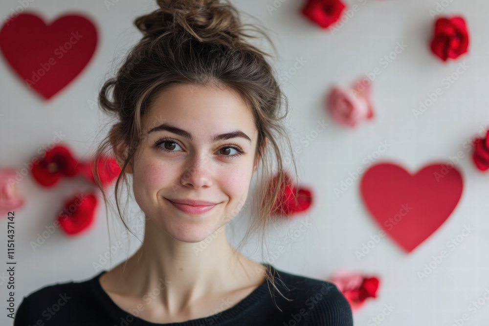 Smiling Woman with Romantic Red Heart Background
Smiling Woman with Romantic Red Heart Background