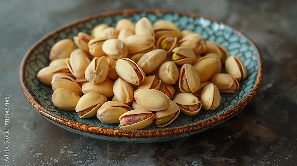 Shelled pistachios arranged in a decorative pattern on a ceramic plate, filmed in HD for a nutritious treat Shelled pistachios arranged in a decorative pattern on a ceramic plate, filmed in HD for a nutritious treat
