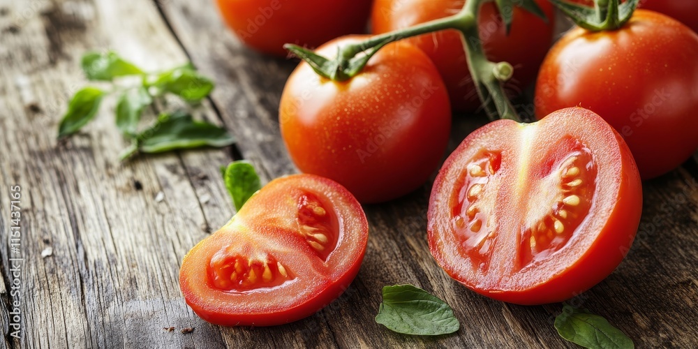 Tomatoes are showcased on a wooden background, featuring whole tomatoes, sliced tomatoes, and a tomato half in a side view. This image highlights the versatility of tomatoes. Tomatoes are showcased on a wooden background, featuring whole tomatoes, sliced tomatoes, and a tomato half in a side view. This image highlights the versatility of tomatoes.