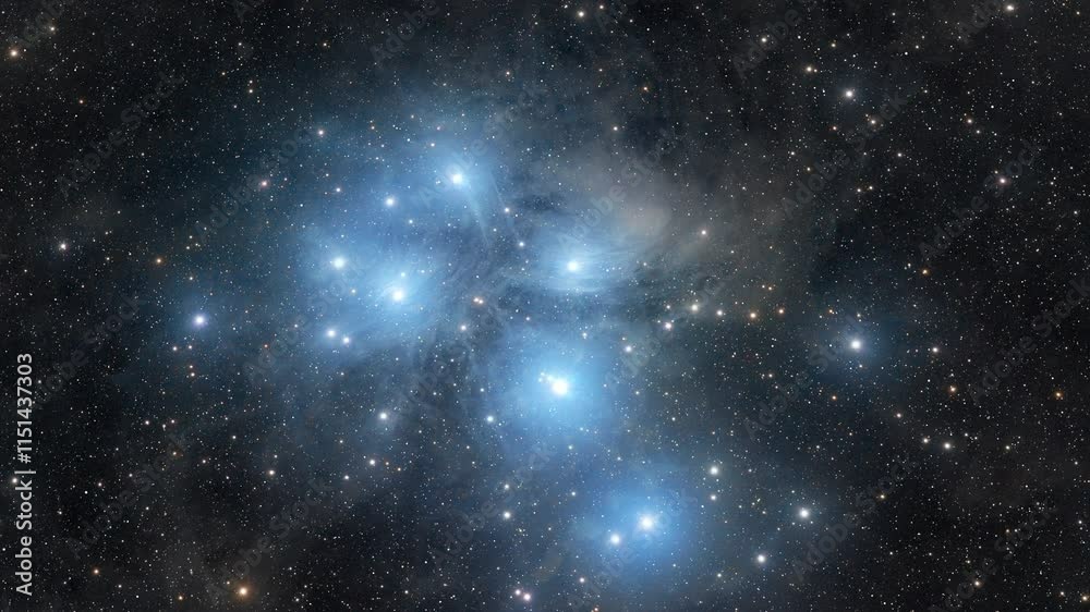 Cosmic journey through a real space star cluster. Digital animation of my own Astrophotography of M45 As known as Pleiades. Open star cluster with hot blue stars surrounded by faint reflection