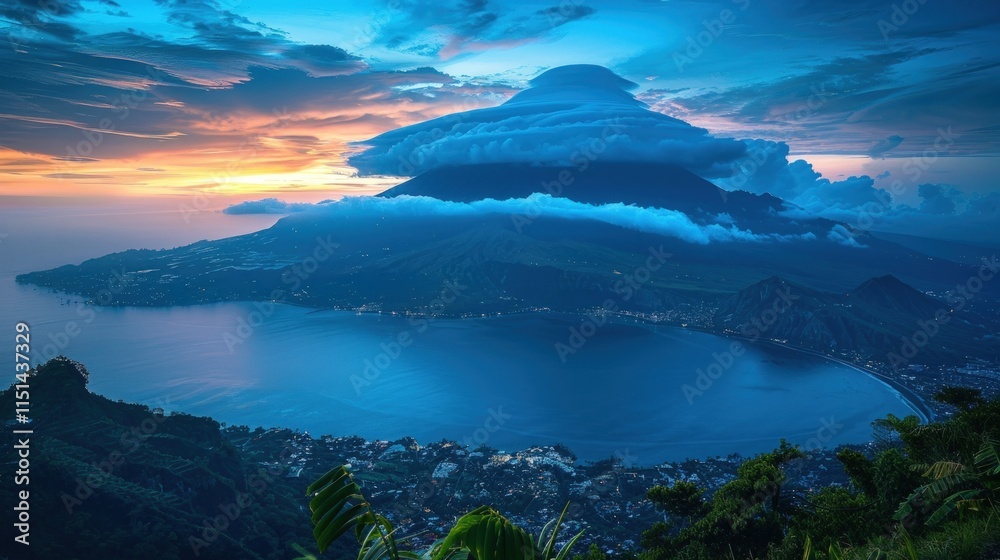 Mountain view with clouds at dusk over ocean.