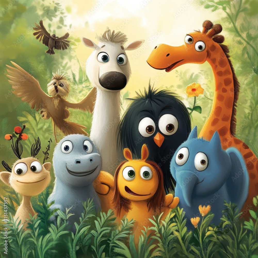 Fototapeta premium Adorable Cartoon Animals Gather In Lush Green Foliage