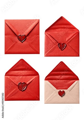 Set of red and beige envelopes with heart-shaped wax seals, isolated on a transparent background. Perfect for Valentine’s Day, romantic messages, or special occasion designs.