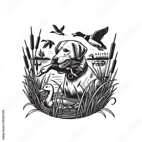 Vector dog hunting a duck in its mouth, Duck Hunting Dog,  Duck Hunter 