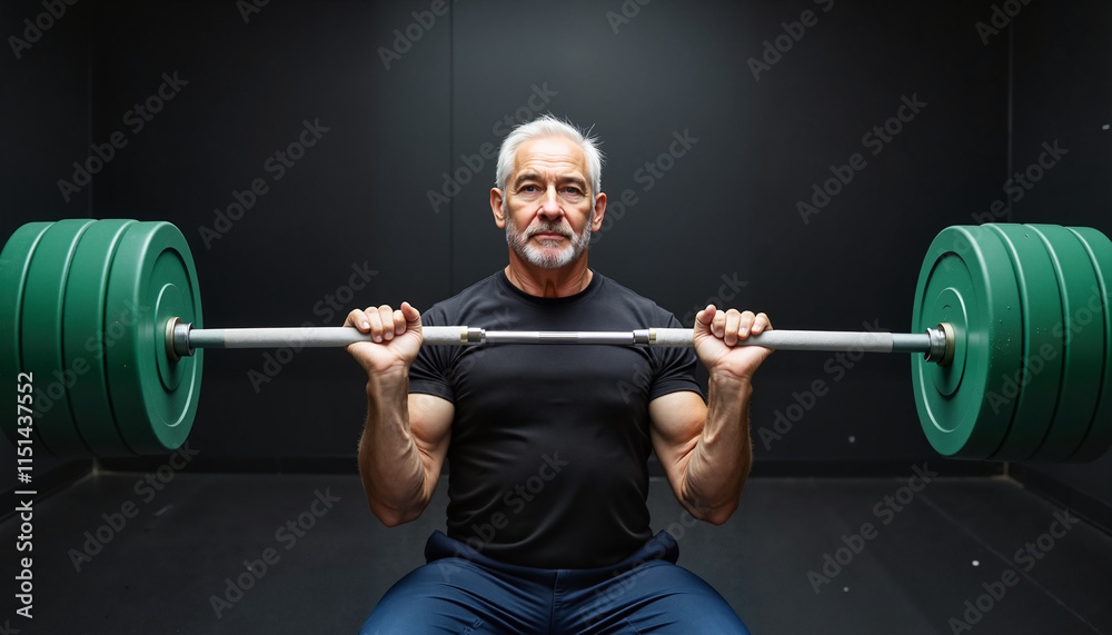 Elderly man lifting weights Copy space Senior man lifting heavy barbell in dark gym. Elderly man lifting weights Copy space Senior man lifting heavy barbell in dark gym.