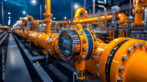 A close-up of a digital flow meter on a bright orange industrial pipeline at night, showcasing a well-lit facility with numerous interconnected pipes.