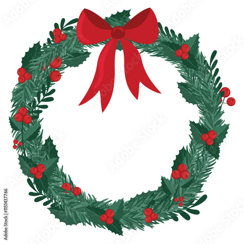 Christmas wreath with red bow, leaves, mistletoe, holly berries and fir branches. Happy New Year and Merry Christmas vector decoration