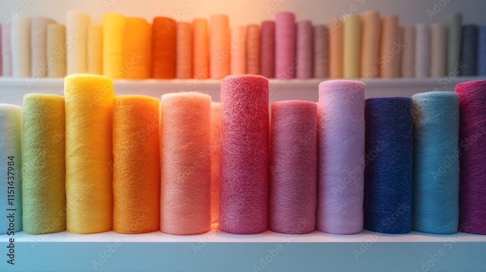 Wool rolls in a detailed rainbow gradient stacked vertically on a minimalist white shelf, bright lighting emphasizing their smooth textures and vibrant hues, hd quality, modern and elegant. --ar 16:9 Wool rolls in a detailed rainbow gradient stacked vertically on a minimalist white shelf, bright lighting emphasizing their smooth textures and vibrant hues, hd quality, modern and elegant. --ar 16:9