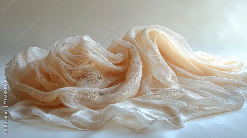 A delicate, sheer, and softly draped cream-colored fabric. Its translucent nature allows light to filter through, creating a gentle and ethereal aesthetic.