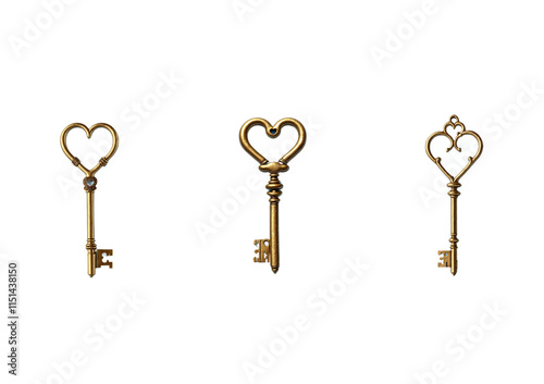 Three antique-style golden keys with heart-shaped designs on their bows. Each key has intricate details, symbolizing love and romance, perfect for decorative or symbolic purposes.

