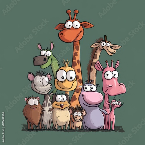 A whimsical group of cartoon animals stands together