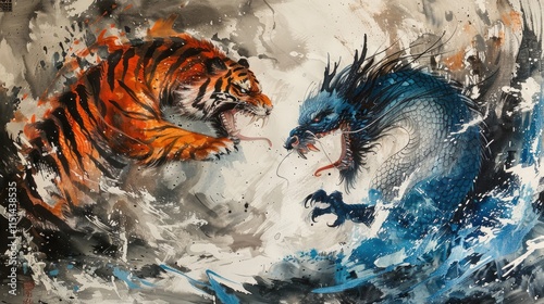 A fierce tiger and a dragon clash in a dynamic, colorful battle amidst swirling waves.