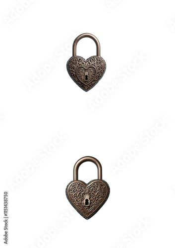 Two antique heart-shaped padlocks with intricate engravings and metallic finishes. Each lock features a keyhole, symbolizing love, security, and commitment, perfect for romantic themes.