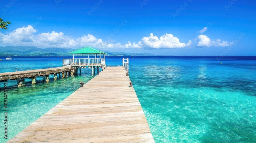 Serene Tropical Getaway: Wooden Pier Extending to a Turquoise Ocean Paradise Serene Tropical Getaway: Wooden Pier Extending to a Turquoise Ocean Paradise