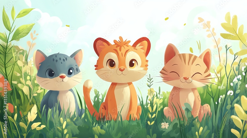 Naklejka premium Adorable cute animal characters on a bright, playful background – perfect for children's illustrations, educational materials, and digital design projects