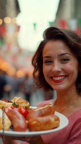 Young waitress holding plate of sausages and bread smiling at feast of san gennaro in new york city. Vertical video. photo