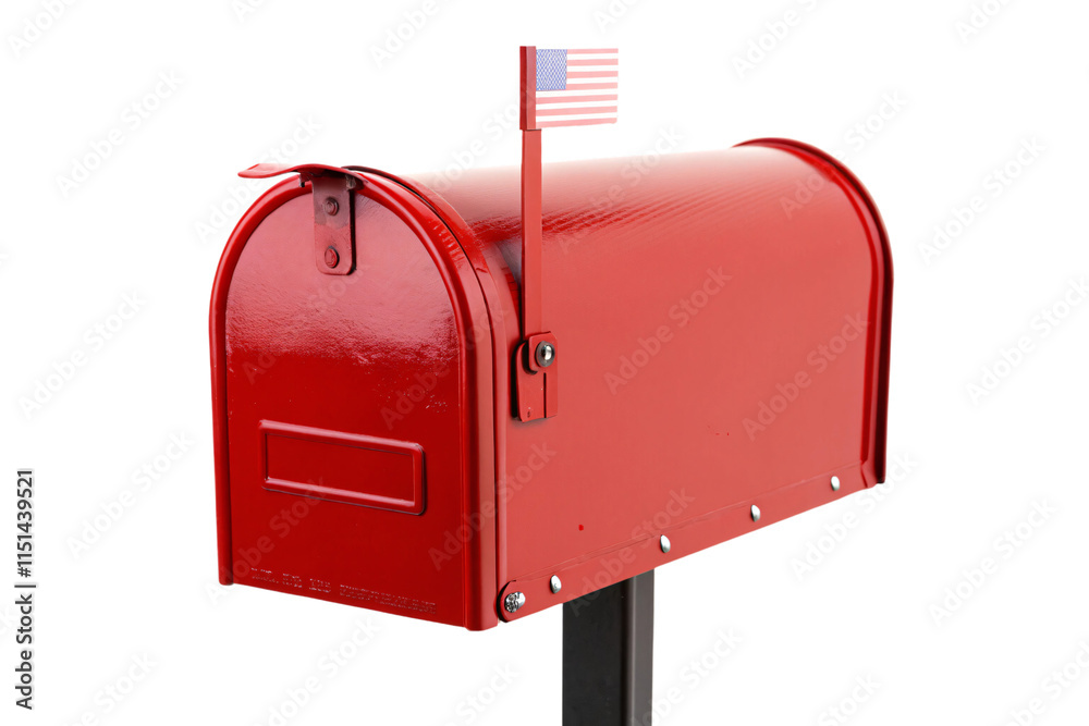 A classic red mailbox featuring a raised flag with the American flag motif, standing on a black post with riveted details, isolated on a transparent background A classic red mailbox featuring a raised flag with the American flag motif, standing on a black post with riveted details, isolated on a transparent background