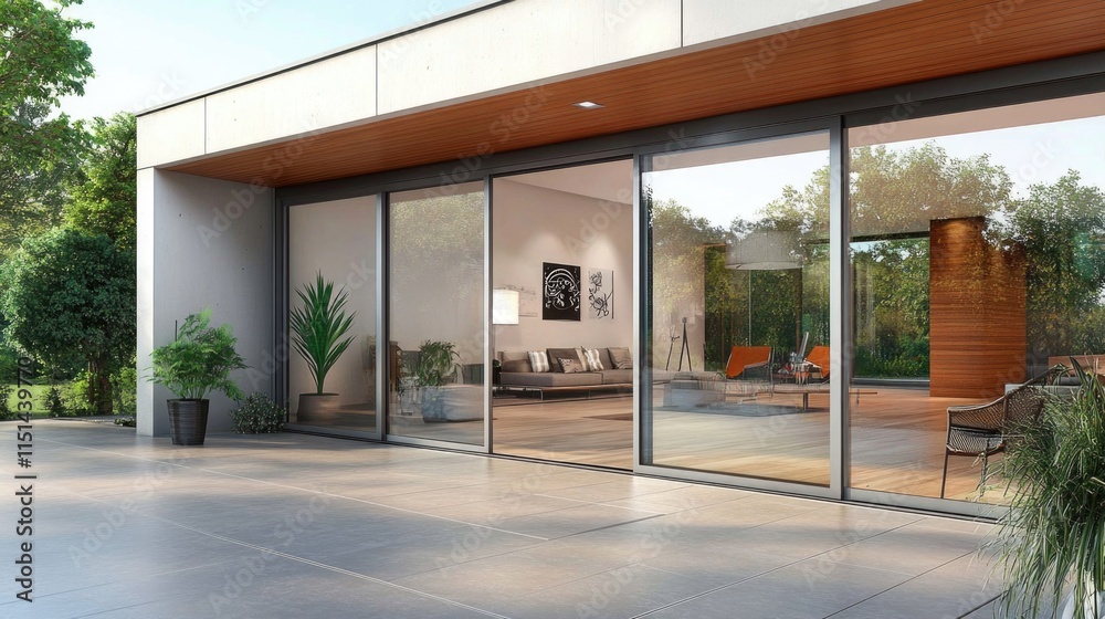 Aesthetic home entrance with large glass sliding doors with lots of copy space