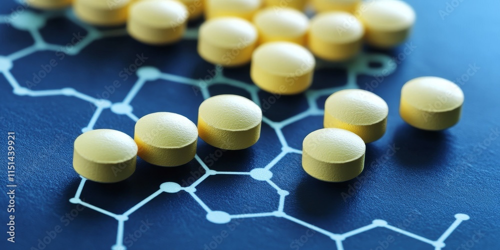 Structural chemical formula of alpha lipoic acid molecule alongside pills. Lipoic acid is an organosulfur compound and antioxidant, serving as an enzyme cofactor and commonly used dietary supplement.