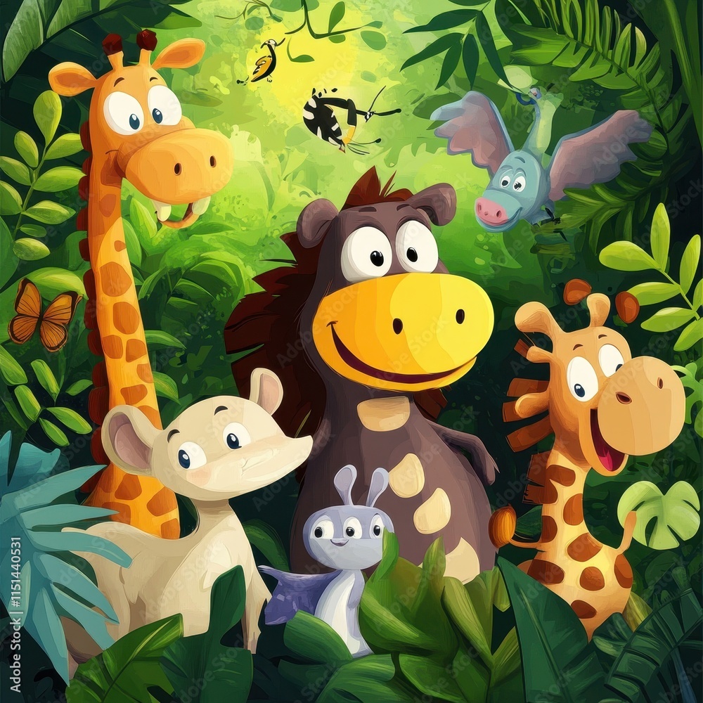 Fototapeta premium Adorable Cartoon Animals Playing In Lush Jungle Foliage