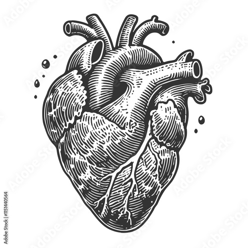 anatomical human heart with veins and arteries, featuring intricate linework sketch engraving generative ai vector illustration. Scratch board imitation. Black and white image.