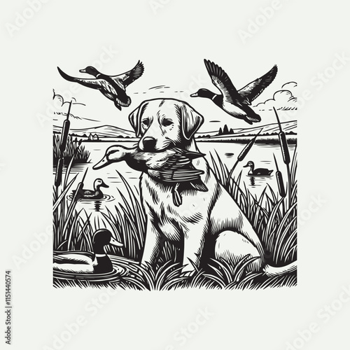 Vector dog hunting a duck in its mouth, Duck Hunting Dog,  Duck Hunter 