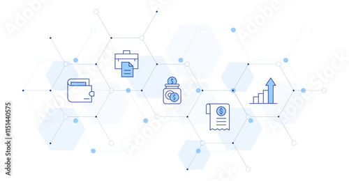 Business Banner Vector Illustration with Icon Style in Between. Line Duotone icon. Containing analytics, suitcase, savings, bill, wallet