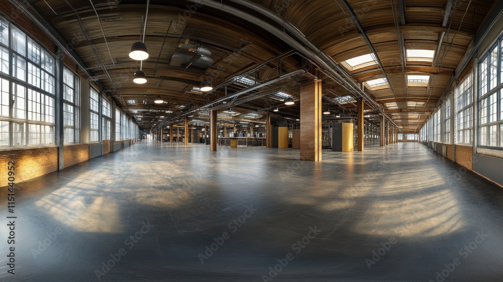 Vast Industrial Loft Space: Sunlight Streaming Through High Windows Vast Industrial Loft Space: Sunlight Streaming Through High Windows