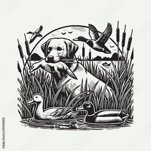 Vector dog hunting a duck in its mouth, Duck Hunting Dog,  Duck Hunter 