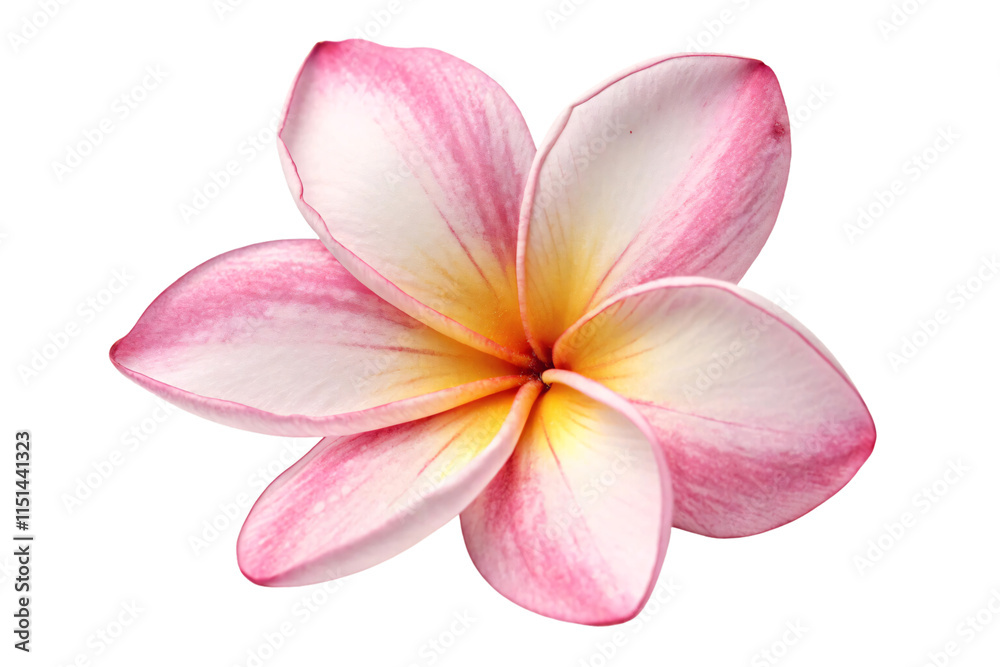 A plumeria blooming flower with soft pink gradients blending into white, featuring a golden core. Represents purity and elegance, isolated on a transparent background A plumeria blooming flower with soft pink gradients blending into white, featuring a golden core. Represents purity and elegance, isolated on a transparent background
